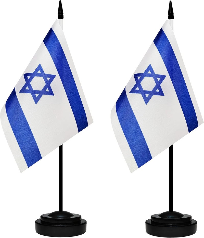 BCLin Israel Desk Flag Set, 2 Pack Israeli Table Office Flags, Small Mini Desktop Flag With 12" Solid Black Pole, Black Base, Miniature Desktop Flag - Image 1